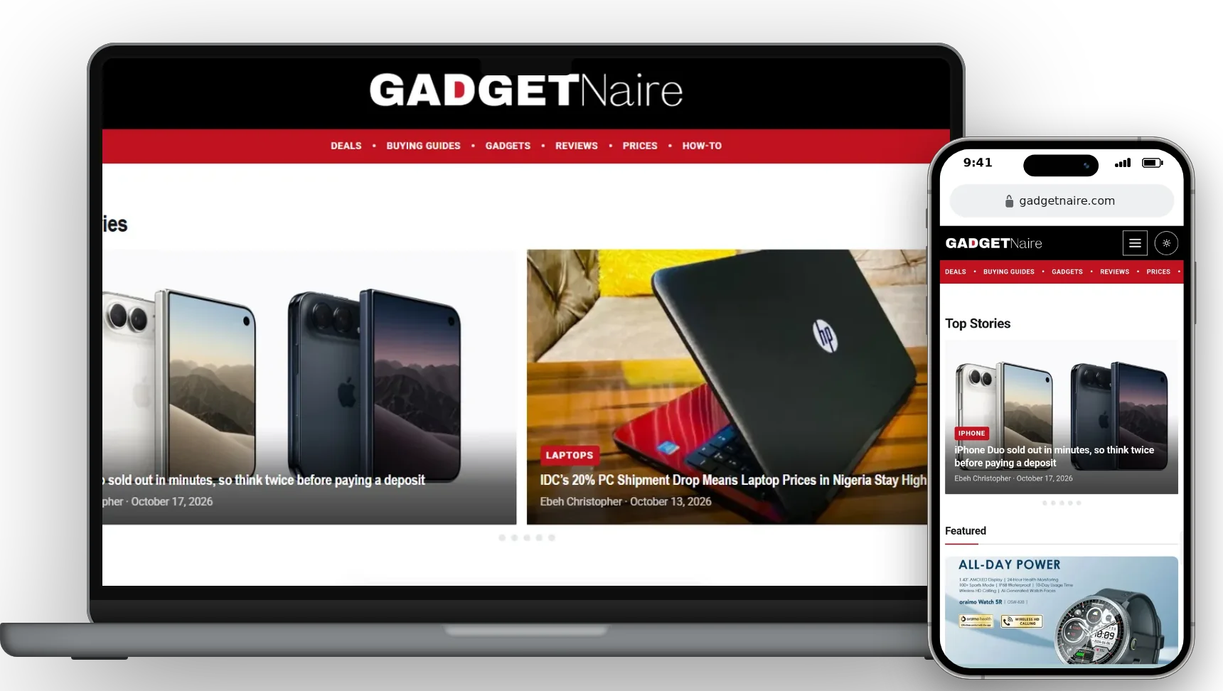 Gadgetnaire homepage on a laptop and a phone
