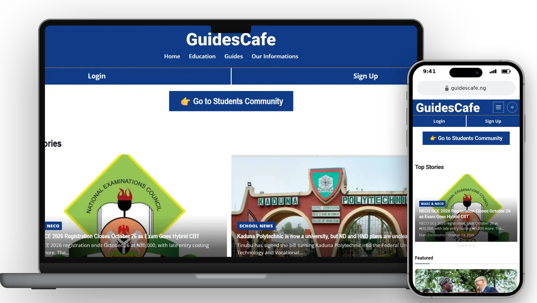 GuidesCafe homepage on a laptop and a phone