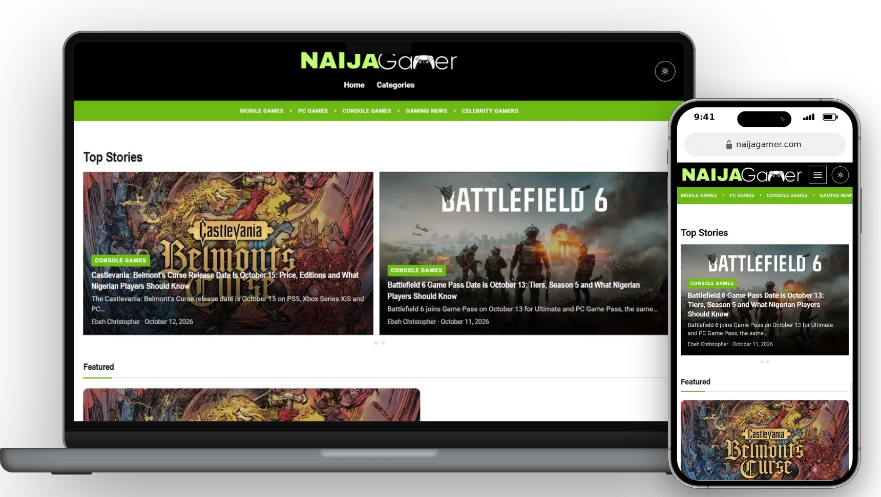 NaijaGamer homepage on a laptop and a phone